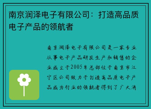 南京润泽电子有限公司：打造高品质电子产品的领航者
